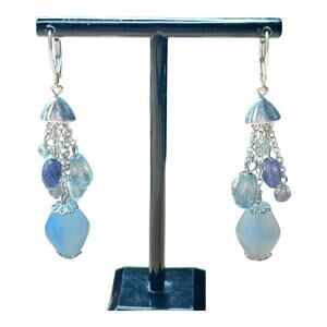 Frosty Blue White Silver Beaded Dangle Earrings